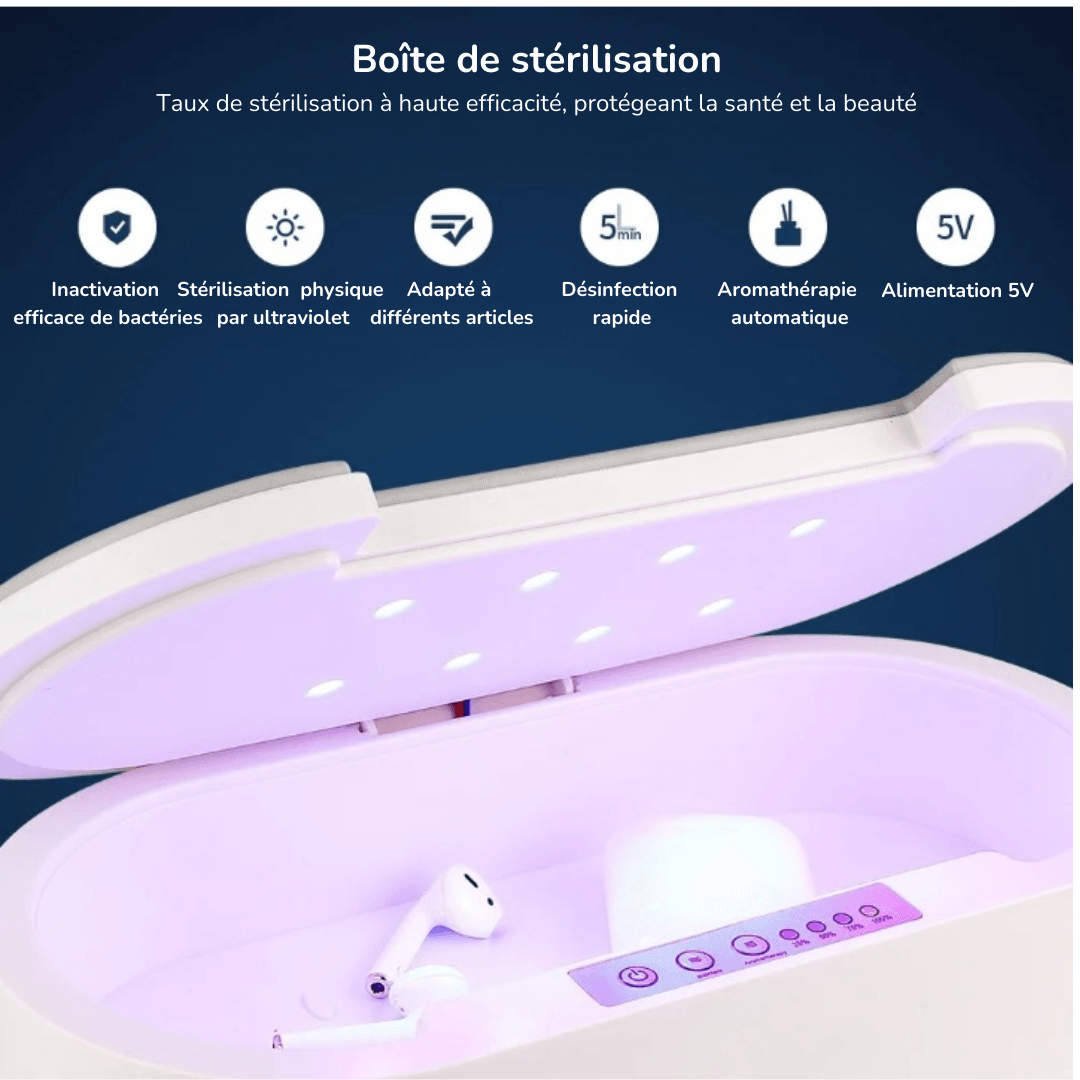 Boîte de Stérilisation UV Multifonction avec Diffuseur d'Arôme pour Téléphones, Bijoux et Objets Personnels - InnoMonde